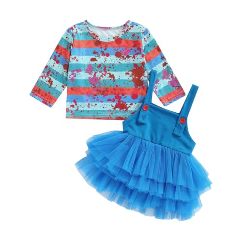 Yccutest Toddler Girl Halloween Horror Movie Cosplay Costume Bloody Print T-shirt Tutu Skirt Set 2 Piece Halloween Outfits (Light Blue 18-24 Months)