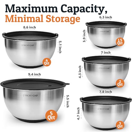 Priority Chef Airtight Stainless Steel Mixing Bowls Set, 3 Graters, Black