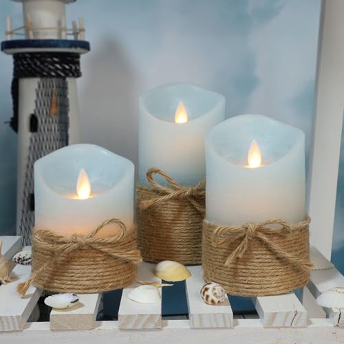 Silverstro Nautical Decor Ocean Blue Flameless Candles with Remote - Home Farmhouse Easter Spring Decorations - Set of 3 (D3.11 X H4 5" 6") - Image 2