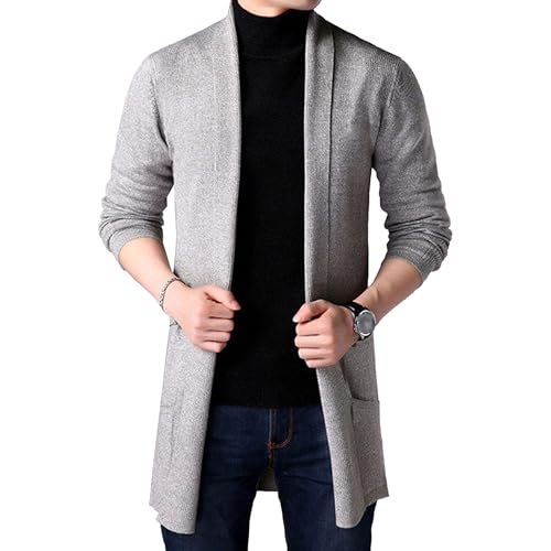 Men's Open Front Long Cardigan Shawl Collar Cardigans Sweater Cable Knit Ribbed Length Men Cardigan