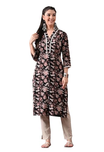 Image of Ichaa Women's Pure Cotton A-Line Ethnic V-Neck Kurta with 3 /4th Sleeve for Daily and Office Wear, in Plus Sizes