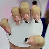 Square Press on Nails Medium Fake Nails Gold Glitter Full Cover False Nails with Black Line Star Design Glue on Nails Glossy Artificial Nails Daily Wear for Women Girls Nail Decoration 24 PCS