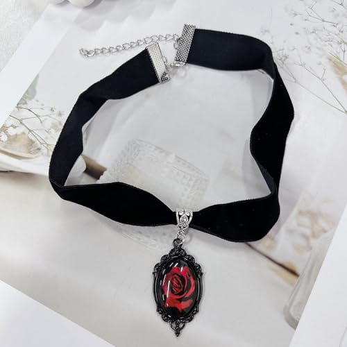 Dark Red Rose Flower Black Velvet Choker Necklace for Women Gothic Vintage Victorian Crystal Pendant Collar Necklaces Statement Sexy Cameo Punk Witch Vampire Steampunk Neck Cosplay Jewelry Party4