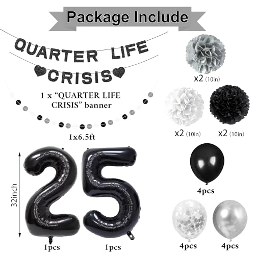 Image of Holkcog 25th Birthday Decoration for Women, Quarter Life Crisis to 25 Years Banner Black 25 Balloons Numbers Give Her Cheering 25th Birthday Gift 25th Birthday Party Supplies