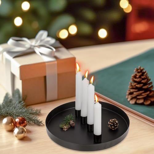 Aoreun Magnet Kerzentablett für Advent Ø23cm mit 4 Magnetischen Metall Kerzenständer für Kerzen Ø2cm, Schwarz Weihnachten Stabkerzenhalter, Rund Metall Kerzen Tablett für Advent & Alltagsdekoration