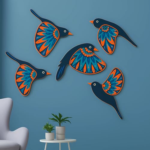 Image of GiftOday Wooden 3D 5 Pieces Birds for Wall Art Panel | Wood Bird Folk Art Wall Hanging Art Decoration Item for Living Room, Bedroom, Drawing Room, Dining Room & Office (Navy Blue) Pack of 1