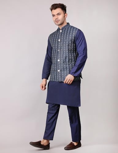 Image of Men's Cotton Silk Blend Regular Kurta Pyjama, Embroidered Nehru Jacket /Waistcoat Set
