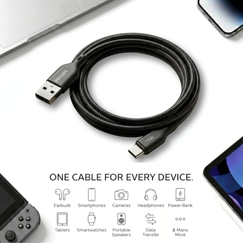 Image of PHILIPS DLC4160AB /94 18W Type-A to Type-C Fast Charging Cable (2m, Dark Slate) | Nylon Braided | Compatible with iPhone 15+ Series, USB-C iPad Models, Samsung Galaxy & All Type C Devices