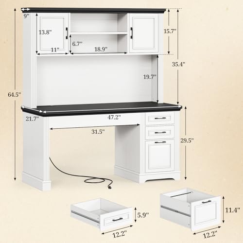 Image of SEDETA Farmhouse Computer Desk with Hutch and 3 Drawers, 47.2 inch Executive Office Desk with Storage Drawers, Wood Desk with Power Outlet for Home Office, White