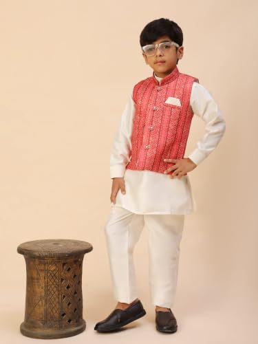 Image of Pro-Ethic Style Developer Kids Kurta Set For Boys With Waist Coat, Ethnic Wear for Diwali, Eid, Raksha Bandhan, Jacquard, Floral Print (Pack of 1)