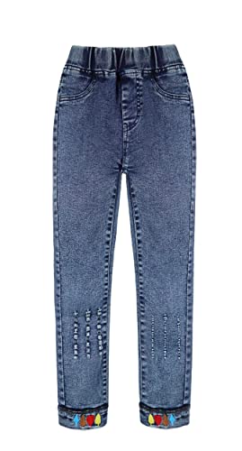 KIDSCOOL SPACE Girl Jeans,Embroidered Elastic Washed Denim Pants,Blue,9-10 Years