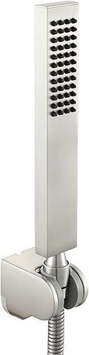 Asyas Cabezal de ducha de mano de níquel cepillado de latón macizo con conector de pared ajustable, soporte de ducha y manguera, cuadrado de alta