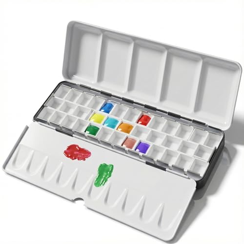 DUGATO Medium Empty Watercolor Palette Tin with Lid - Holds 24 Half Pans (37 Included), 6 Fold-Out Mixing Areas - Metal Travel Box for DIY Art