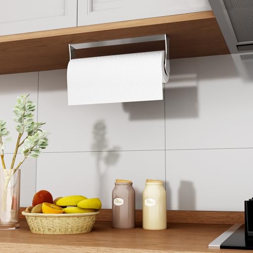 Paroto Paper Towel Holder Under Cabinet, Silver Paper Towel Holder Wall Mount, Stainless Steel Under Cabinet Paper Towel Holder, Adhesive Paper Towel Holder for Kitchen and Bathroom