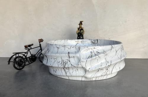 Image of Designer Glossy Finish Ceramic Art Table Top Wash Basin For Bathroom | Collapsible Countertop Washbasin (Black White Glossy Art, 16 x 13 x 6 Inch)