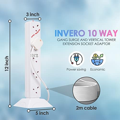 Invero 10 Way Gang Surge and Spike Protected Vertical Tower Extension Socket Adaptor with 2 Metre Lead Ideal for Electrical Equipment - White