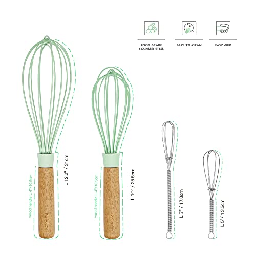 Silicone Whisks Set- Panpacific 10" 12" Nonstick Whisks With With Sealed Wood Handle+ 5" 7" Small Wire Whisk- Multifunctional Whisks For Cooking- Mint Green- 4 Piece #TOP5