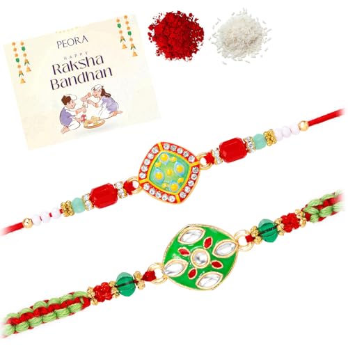 Image of Peora Rakhshabandhan Thread Rakhi for Brother Bhaiya | Kundan Beads & Crystal Studded | Combo Set of 2 | Rakhi Hamper Roli Chawal & Greeting Card