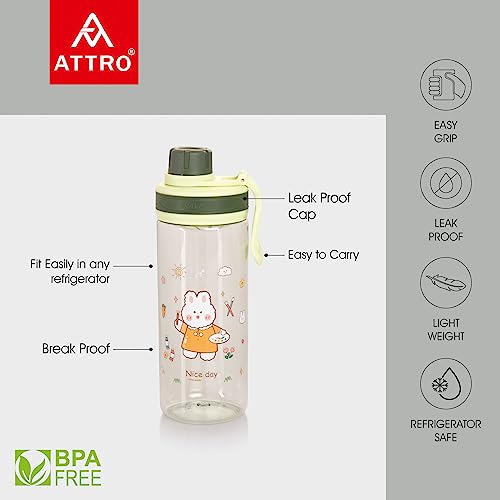 Image of Attro Champ 550ml Cute and Convenient Cartoon Printed Kids Plastic Water Bottle with Designer Hand Strap & Flip Lid BPA-Free-Perfect for School,Sports and Travel -Green