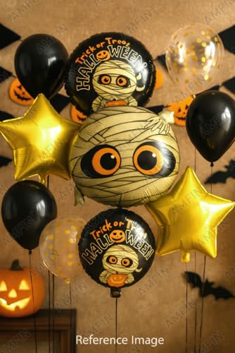Image of AMFIN (Pack of 11) Halloween Balloon Decoration Set - Mummy Foil Balloon, 2 inchTrick or Treat Halloween inch Round Balloons & 2 Gold Star Balloons - Spooky Party Supplies for Kids & Adults