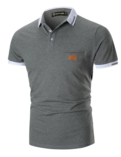 Casual Polos Manga Corta para Hombre Costura en Contraste Escote Camiseta Camisas Verano Primavera Deporte Golf Tennis T-Shirt Oficina,Gris Oscuro,L