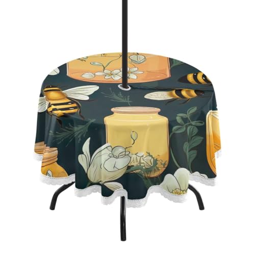 Wajiw 60 Inch Indoor Outdoor Round Tablecloth with Umbrella Hole and Zipper Waterproof Patio Table Cover for Camping Dining Room Party Outdoor Picnic,Bees