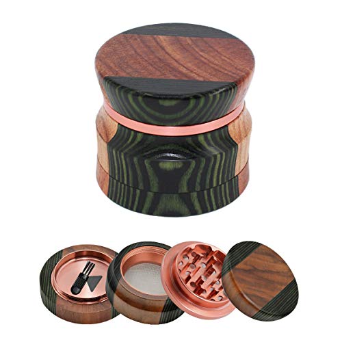 WEGRIND Wooden Herb Grinder With Unique Art Pattern, 4 Piece 2.5" Herb Crusher, Large Capacity Spice Grinder, Sharp Aluminum Alloy Grinding Teeth(Natural Wood with Black and Dark Green Pattern)