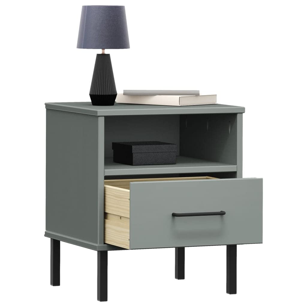 SYDE Table de chevet en pin massif avec pieds en métal gris