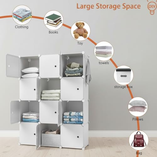 Image of KRISHYAM Kids Modular Storage Cabinet with White Doors,12 Cube Plastic Wardrobe Organizer, DIY Closet System with Hanging Rod, Toy & Clothes Storage (White, 12 Box)