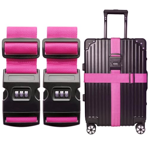 Image of 2 PCS Luggage Strap 78 inch x 2 inch Suitcase Belts Wide Adjustable Packing Straps Travel Accessories, Rose Pink & Combination Lock