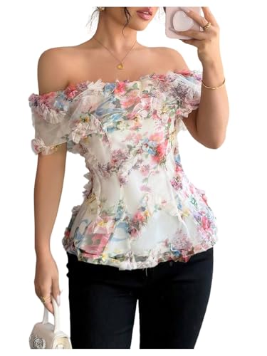 WDIRARA Women's Floral Mesh Off The Shoulder Blouse Boho Frill Trim Short Sleeve Top White X-Large