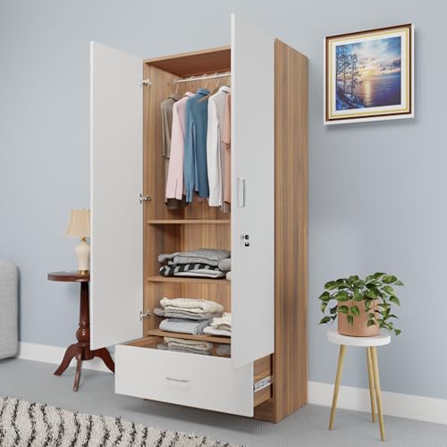 Image of VIKI Wardrobe |Wooden Almirah for 2 Door Wardrobe with 1 Drawer & Hanging Space (Walnut |White - 40D x 80W x 180.8H) | 1 Year Warranty | Free Assembly