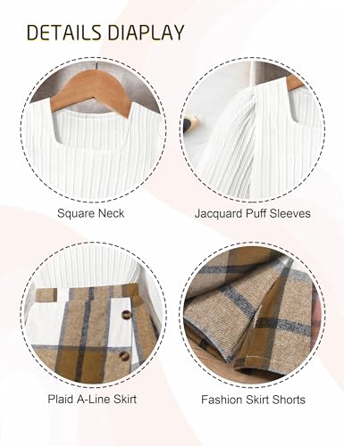 Image of AGAPENG Girl Skirt Sets 3 Piece Outfits Square Neck Jacquard Puff Sleeve Tops Plaid Mini Skirt Shorts Fall Winter Clothes