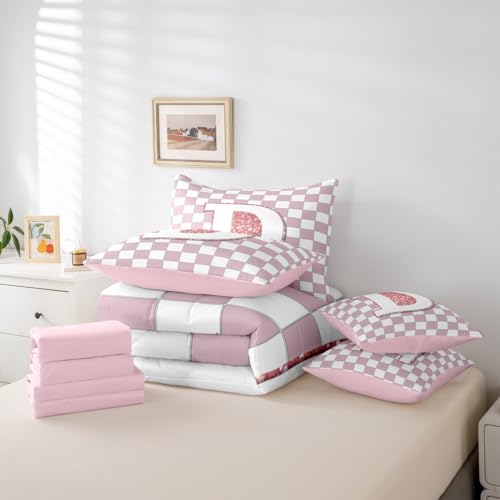 Image of Erosebridal Pink Initial D Queen Bedding Set 7 Piece Kawaii Plaid Checkered Bed in A Bag with Sheets Cute Personalized Monogram Comforter Set for Kids Girls Teen Women,Fashion Grids Gingham Bed Sets