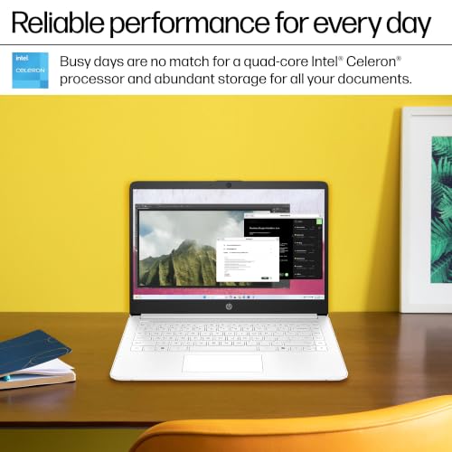 Image of HP 14 Inch Laptop Computer, Intel Celeron N4500, 4GB RAM, 64GB eMMC, Windows 11, Snowflake White, Portable Notebook for Students, Home Office, Online Classes and Everyday Browsing