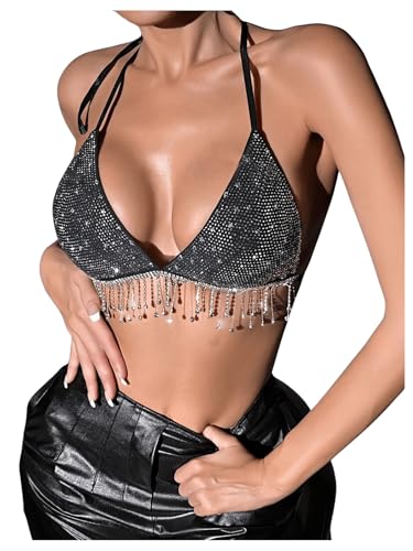 SHENHE Women's Sexy Sequin Halter Backless Rhinestone Fringe Glitter Party Club Crop Top4