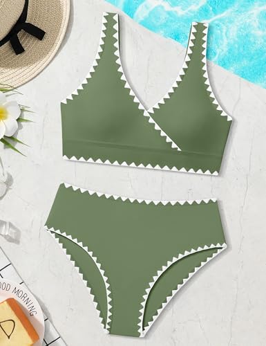 Image of KANGKANG Girls Swimsuit Bikini Set Solid Color V-Neck Two Piece Bathing Suit with Chest Pad Adjustable Straps Swimwear 7-16T