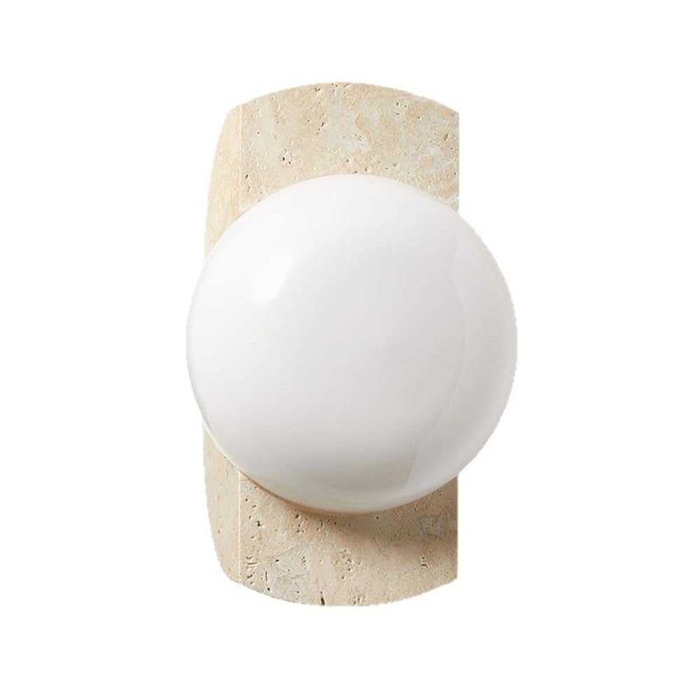 STUIJKVSZ Modern Beige Travertine Wall Sconce Japanese Style Lighting Fixture Minimalist Stone Lamp with White Glass Globe Shade for Bedroom Bedside Study Living Room Hallway E26 Socket(1-Light)