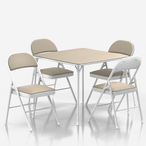 VECELO Portable Folding Card Table Square and Chair Set (5pc) with Collapsible Legs & Vinyl Upholstery, Metal, Beige