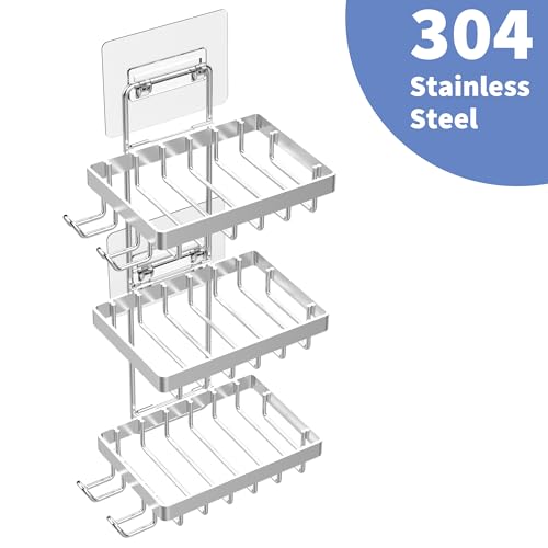 Moforoco Silver Soap Dish Holder for Shower Wall, No Drilling, 3-Tier 304 Rustproof Stainless Steel, Soap Bar Holder with 4 Hooks, Shampoo Bar Holder for Shower Caddy for Bathroom by Moforoco - Image 5