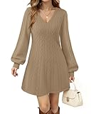 VAFOLY Cable Knit Sweater Women: Ladies Midi Dresses Lantern Sleeve Winter Wedding Guest Dress Casual Chunky V Neck Winter Sweaters Elegant Church Womens Sweater Dress Country Concert Outfit Beige XL