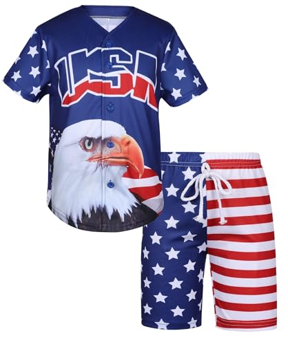 Image of Kids American Flag Patriotic USA Baseball Jerseys Statue of Liberty USA Eagle Sports Shirt & Shorts Outfits