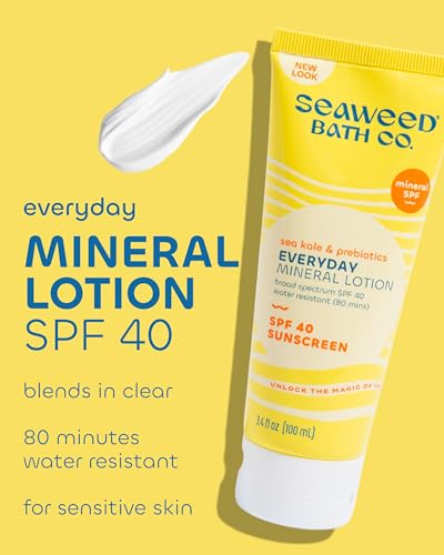 Image of Seaweed Bath Co. Everyday Mineral Lotion SPF 40 for Sensitive Skin, 3.4 oz | Broad Spectrum Sunscreen with Zinc Oxide for Daily Face and Body Sunblock
