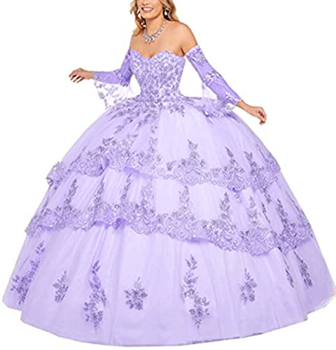 Robe de Quinceanera à manches longues volants femme lilas 42