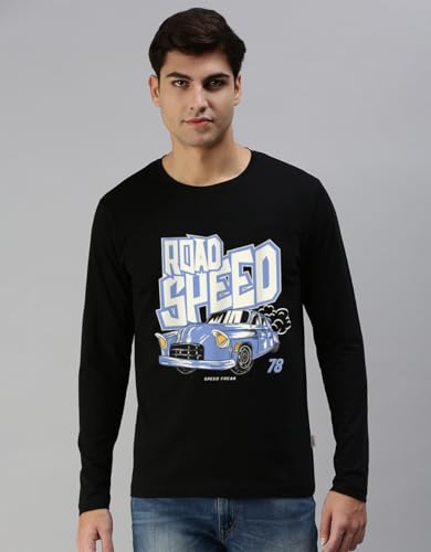 Image of Veirdo Pure Cotton Round Neck Regular Fit Graphic Printed Full Sleeve T-Shirt for Men (Colors- Red, Navy, Black, Swanwhite & White) Sizes: S to 2XL