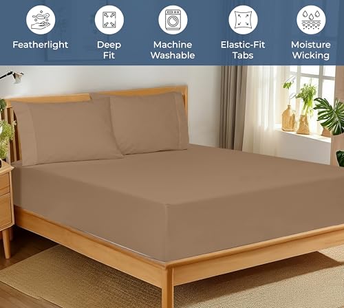 Image of Royale Linens 100% Organic Cotton Fitted Sheet - Percale Weave - Super Soft Deep Pocket Bottom Sheets - Elastic Sheet King Cal Size -California King Fitted Sheets Only - (72 inchx84 inch+15 inch, Chocolate)