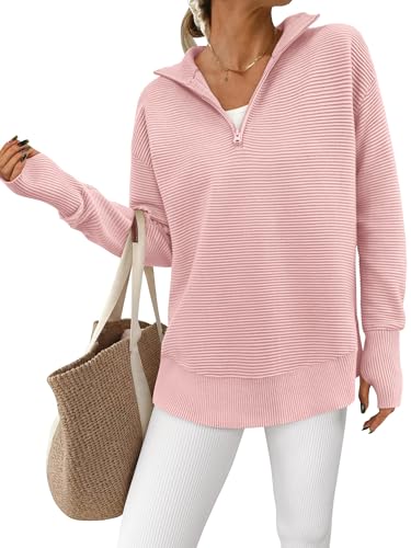 PRETTYGARDEN Womens Long Sleeve Quarter Zip Pullover Sweater Casual Loose V Neck Collared Ribbed Knit Jumper Tops Thumb Hole(Pink,Large)