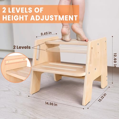 Woodure WD1778 2 Pack Toddler Step Stool, Wooden Height-Adjustable 2-Step Stool thumb #2