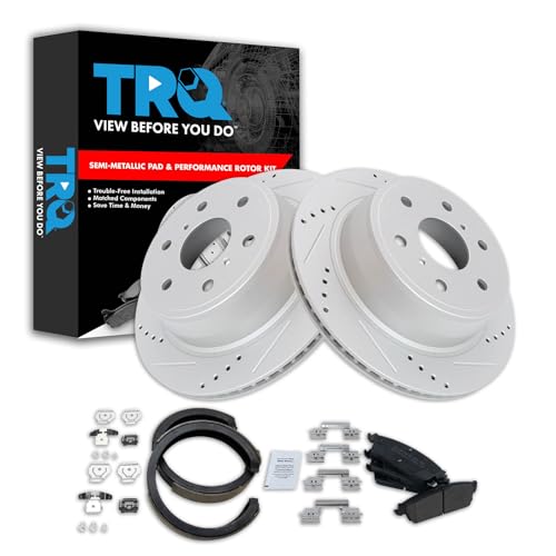 Image of TRQ Performance Rear Brake Pad and Rotor Set Semi Metallic G Coated Rotors Compatible with 2007-2010 Cadillac Escalade 2007-2013 Chevrolet Avalanche GMC Sierra 1500