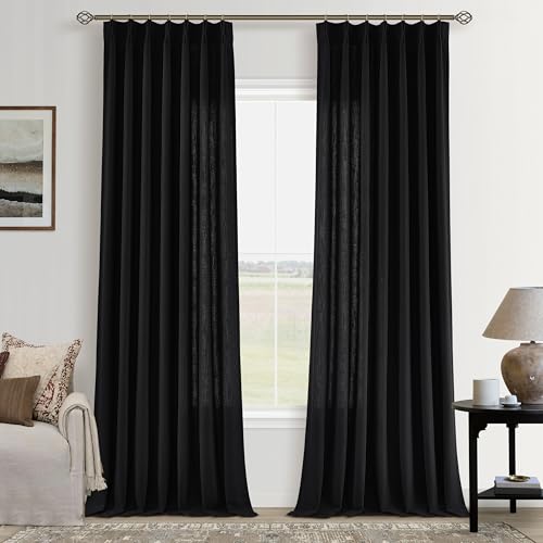 Image of Black Pinch Pleat Semi Sheer Linen Curtains 102 Inch Long for Living Room | Light-Filtering Privacy, Bedroom Sliding Door, Faux Linen Textured, Pinch Pleated Hook Rings Memory Shape, Luxury Elegant